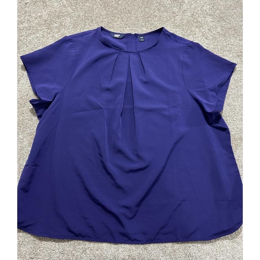 Lands End Keyhole Blouse Deep Purple Short Sleeve Pleated Back Zip‎ Size 22W